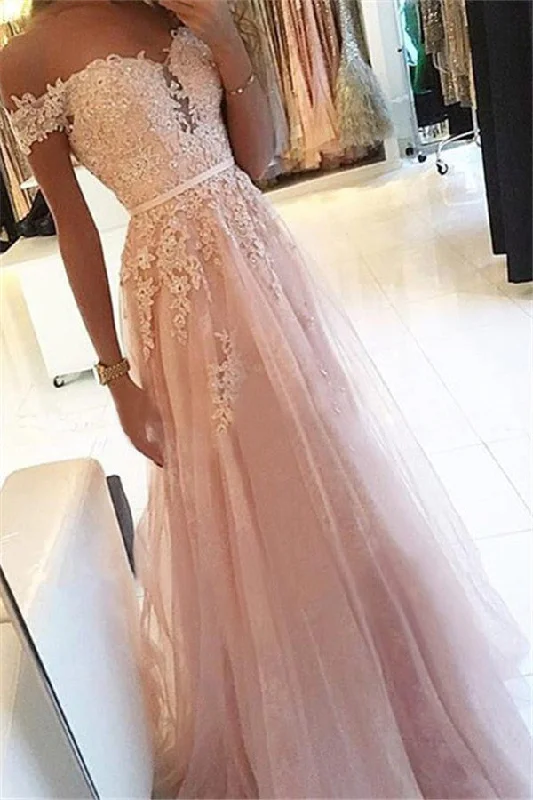 Simple Pink Off-the-Shoulder Applique Prom Dresses Soft Tulle Sleeveless Chic Evening Dresses Tulle Evening Gown