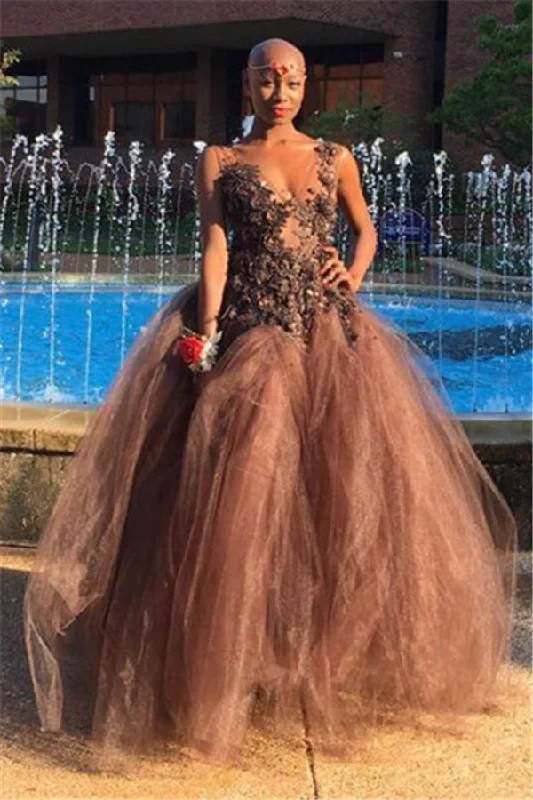 Spaghetti Straps V-neck Sleeveless Appliques Tulle Ball Gown Prom Dresses Party Tulle Dress