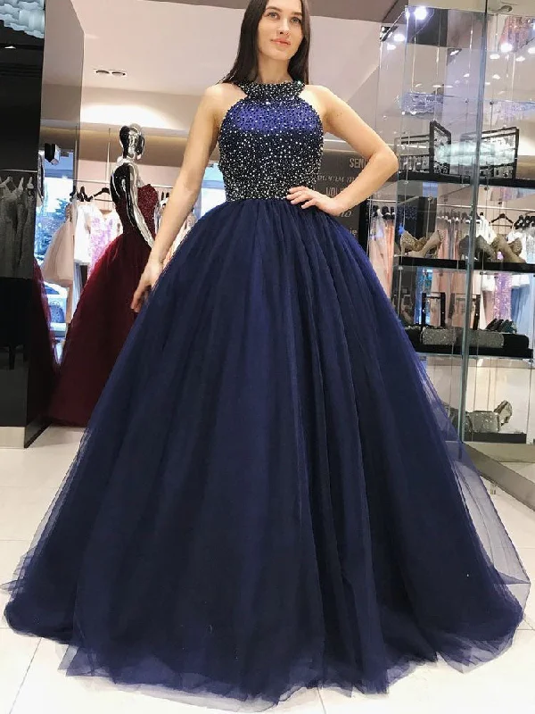 Sparkly Prom Dresses Halter Aline Dark Navy Beading Tulle Long Prom Dress JKL940 Ruffled Tulle Dress