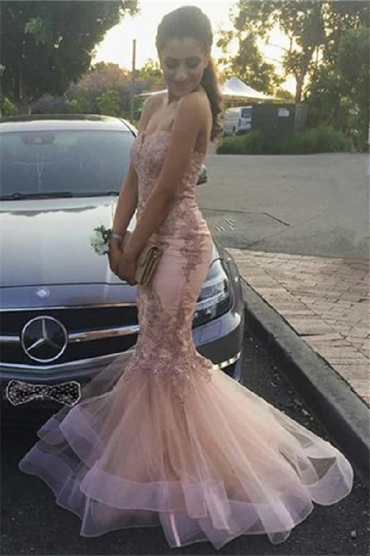 Strapless Mermaid Lace Appliques Ruffled Tulle Pink Prom Dresses Soft Tulle Dress