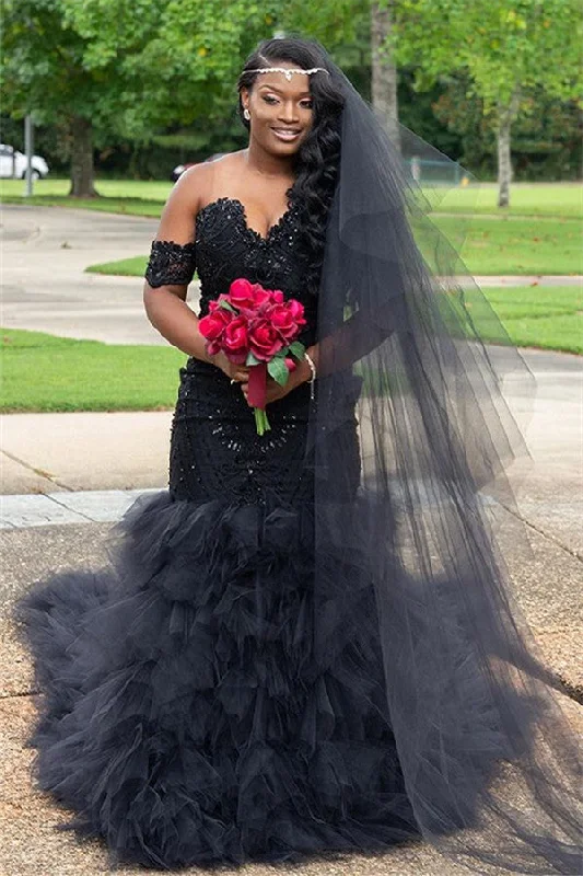 Trendy Off-the-Shoulder Sparkle Beads Prom Dresses Fit and Flare Tulle Ruffles Evening Gowns Tulle Lace Gown