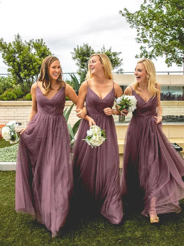 Tulle Bridesmaid Dresses with Spaghetti Straps A Line Long Open Back Cheap Bridesmaid Dresses JKB088 Tulle Wedding Dress