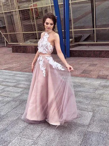 Two Piece Prom Dresses Halter A-line Appliques Long Tulle Chic Open Back Prom Dress JKL1249 Tulle Dress Party