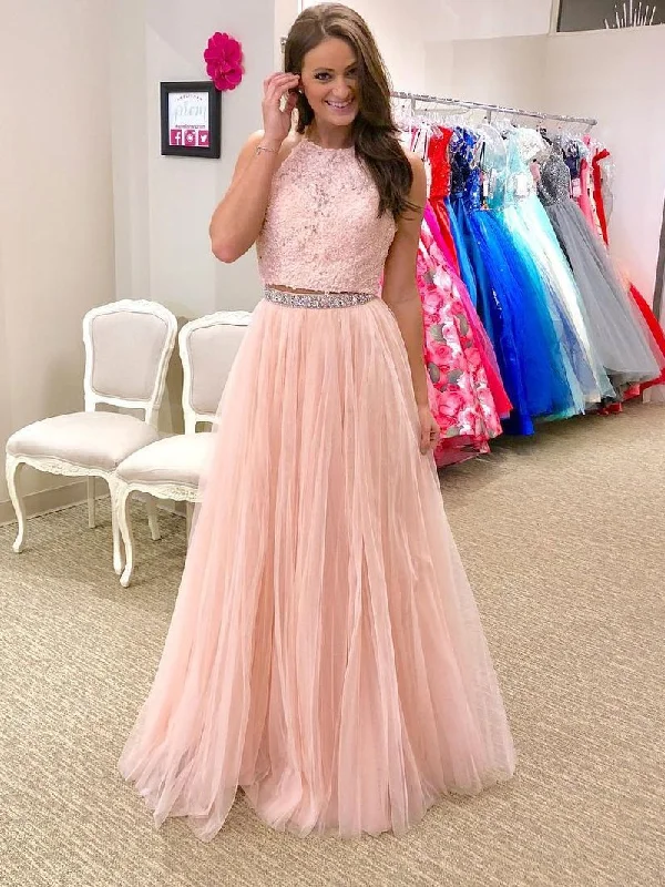 Two Piece Prom Dresses Halter A line Floor-length Pink Long Tulle Sparkly Prom Dress JKS307 Tulle Dress Look