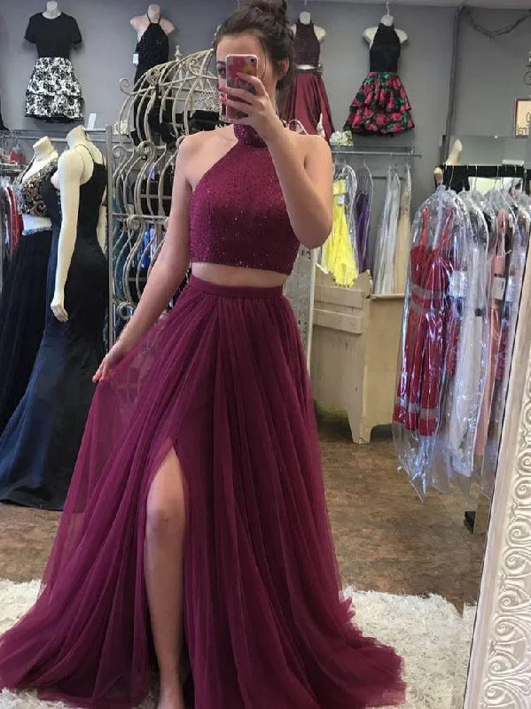 Two Piece Prom Dresses High Neck A Line Floor-length Tulle Long Sexy Slit Prom Dress JKS305 Tulle Dress Sparkling