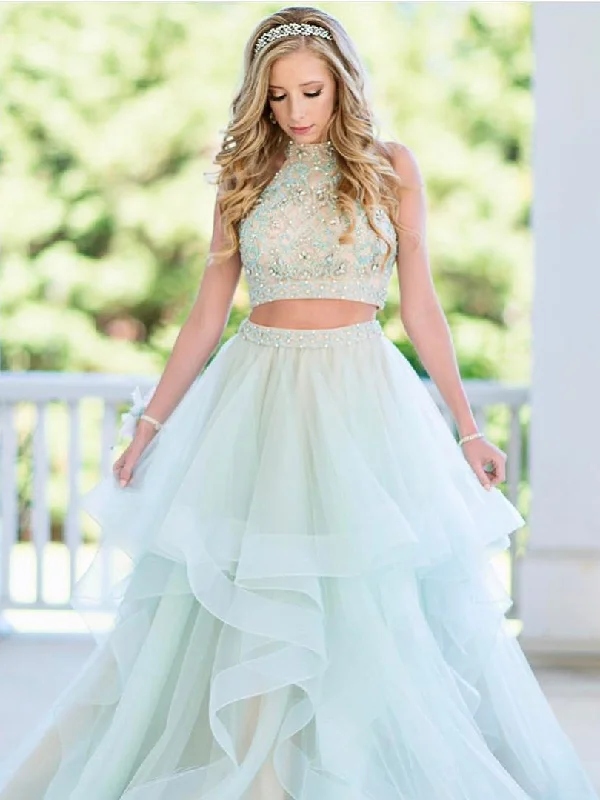 Two Piece Prom Dresses High Neck A Line Rhinestone Sexy Long Tulle Prom Dress JKL704 Stylish Tulle Dress