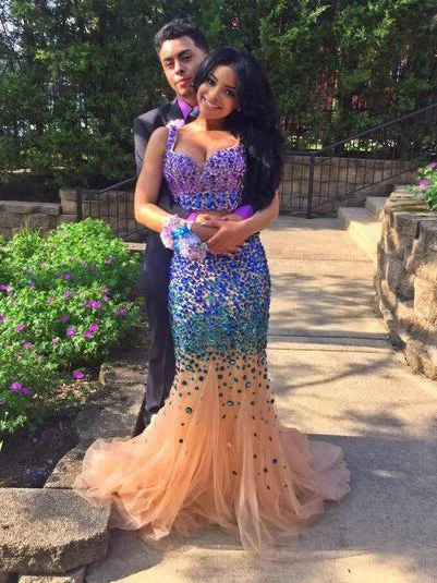 Two Piece Prom Dresses Mermaid Straps Sweep Train Tulle Long Prom Dress JKS297 Lace Tulle Dress