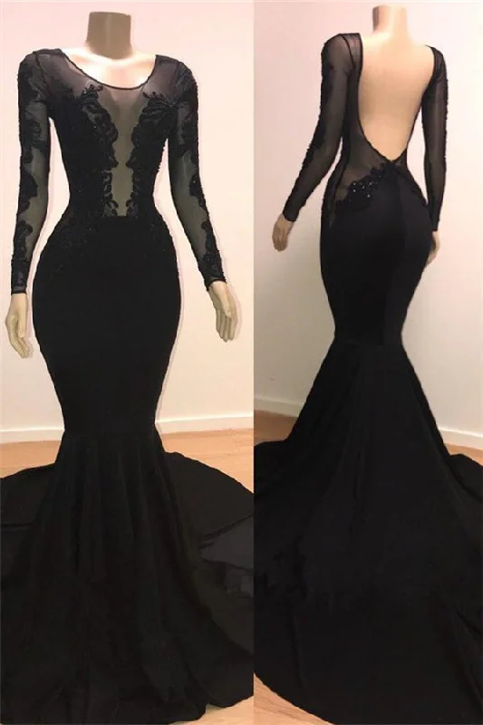 Unique Scoop Long Sleevess Backless Appliques Tulle Mermaid Prom Dresses Floor-length Tulle Dress