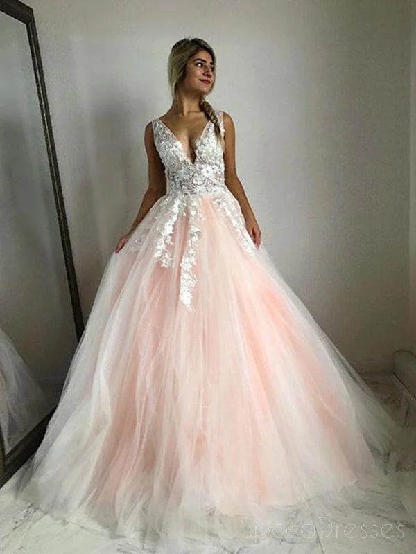 V Neck Lace Peach Tulle A-line Long Evening Prom Dresses, Cheap Sweet 16 Dresses, 18429 Tulle Dress Glow