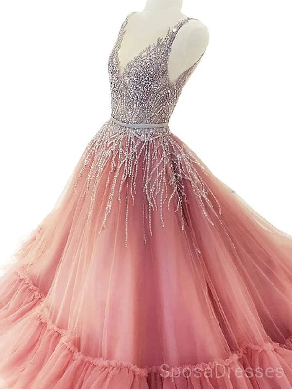 V Neck Sparkly Tulle A-line Peach Long Evening Prom Dresses, Cheap Custom Sweet 16 Dresses, 18506 Tulle Maxi Dress