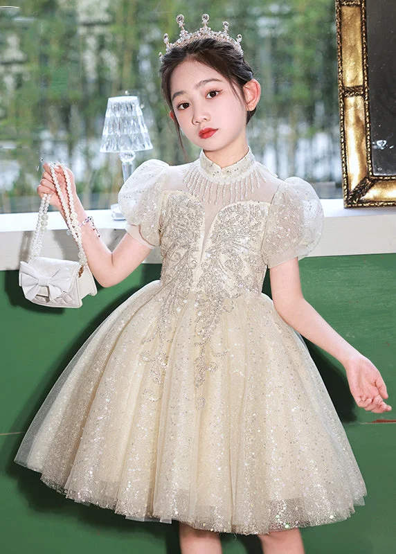 Beautiful Champagne Stand Collar Sequins Tulle Kids Mid Dresses Summer XZ037 Off-shoulder Sequin