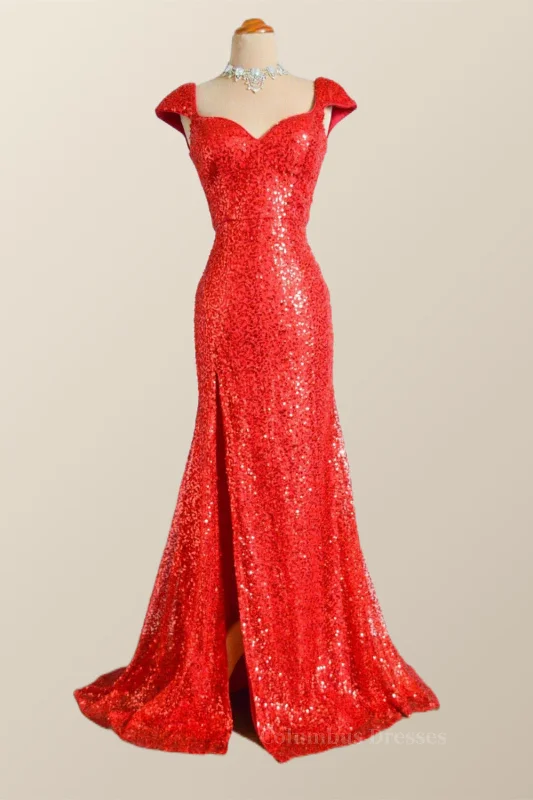 Cap Sleeves Red Sequin Mermaid Long Prom Dress Hot Pink Sequin