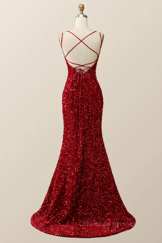 Double Straps Red Sequin Mermaid Long Prom Dress Sequin Dress Dressy