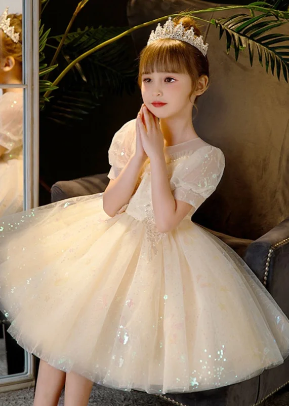 Elegant Champagne Sequins Patchwork Nail Bead Tulle Kids Mid Dress Summer XZ035 Sequin Dress Fit