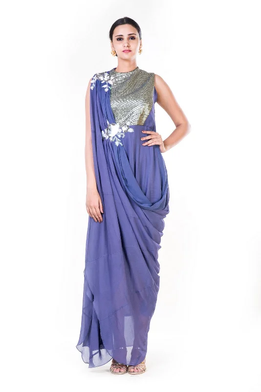 Embroidered Lavender Draped Gown With A Sequin Yoke Sequin Dress Vibe