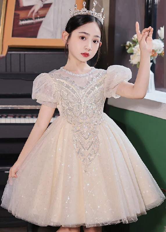 Fashion Champagne O-Neck Patchwork Sequins Tulle Kids Long Dresses Summer XZ041 Elegant Glitter Sequin