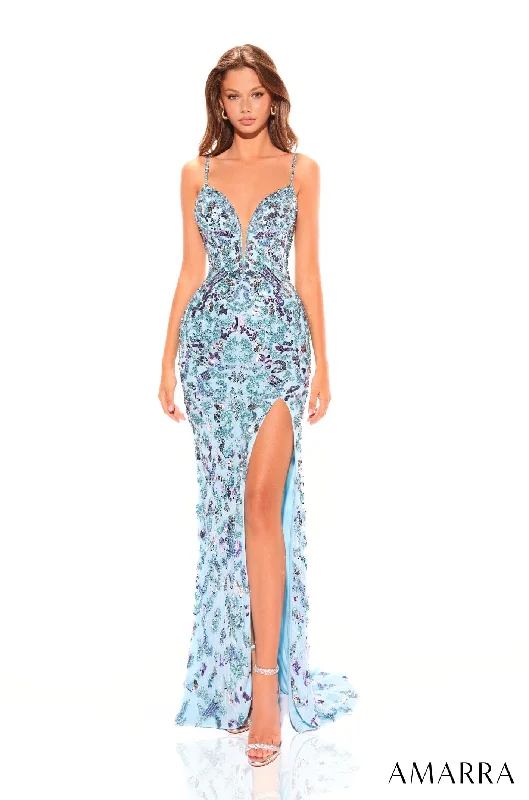 Fitted Sequin Applique Sleeveless Slit Gown by Amarra 94003 Bodycon Sequin Dress