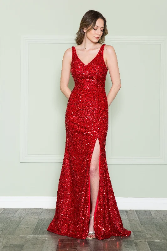 Fitted Sleeveless Sequin Gown by Poly USA 8872 Sequin Dress Sleeveless