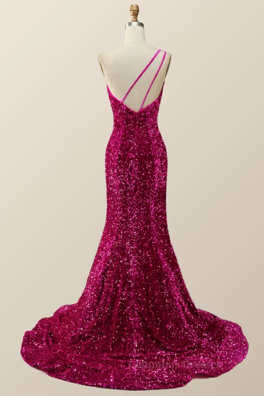 Fuchsia Sequin One Shoulder Mermaid Long Formal Dress Sequin Cocktail Gown