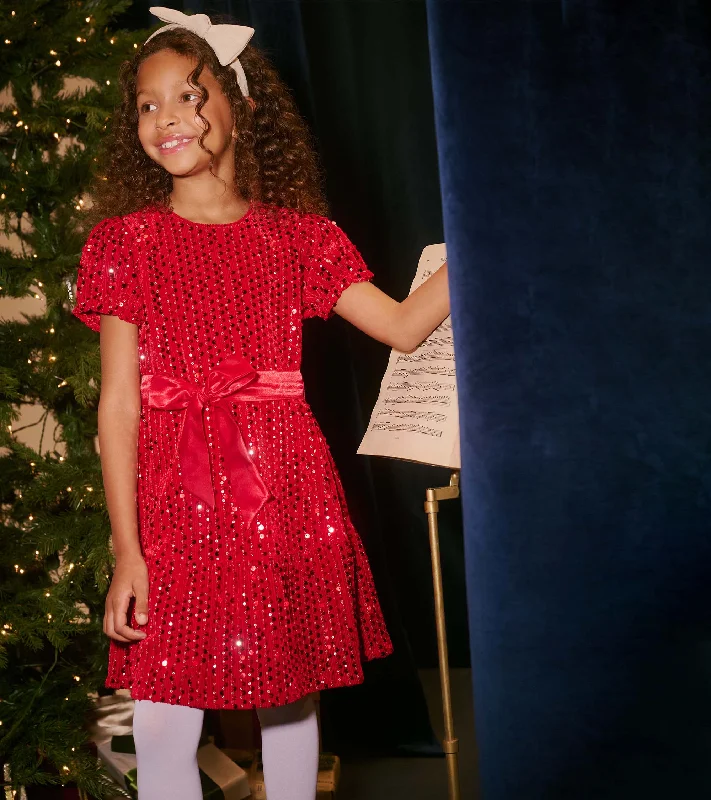 Girls Red Sequins Velvet Dress Silver Glitter Sequin