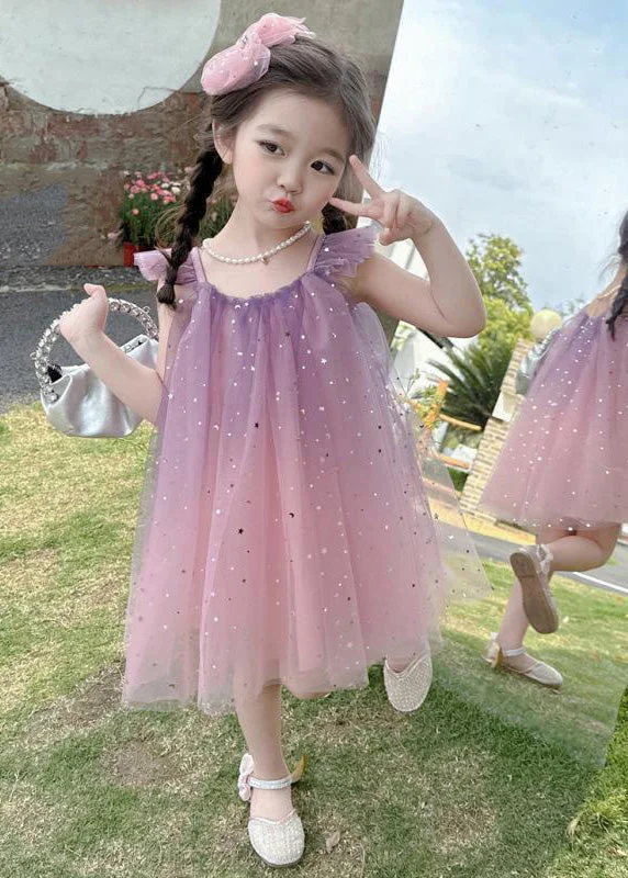 Gradient Color Pink O-Neck Sequins Tulle Girls Mid Dress Short Sleeve GF023 Flared Sequin Dress