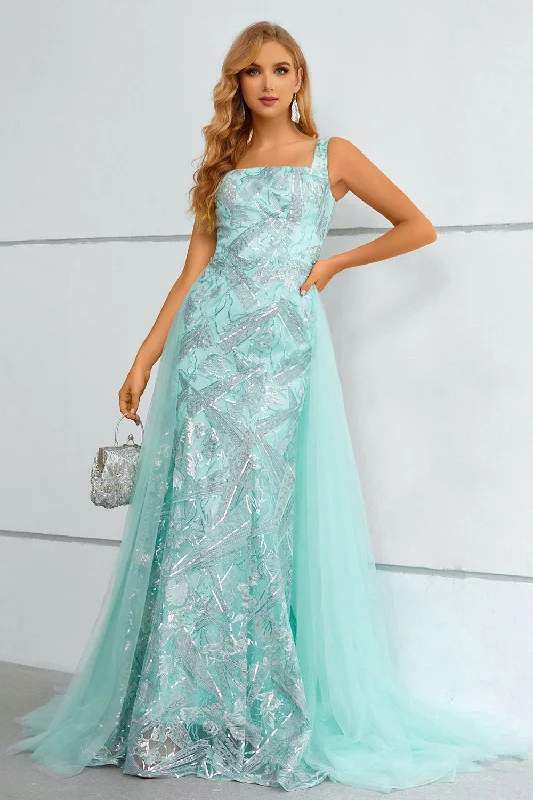 Green Square Neck Mermaid Sequined Prom Dress With Detachable Train Short Sequin Dress