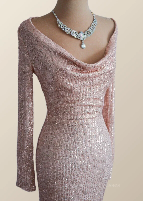 Long Sleeves Champagne Sequin Cowl Neck Dress Beautiful Sequin Dress