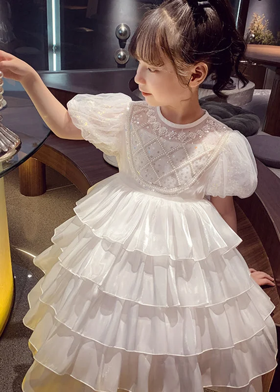 Lovely White Patchwork Sequins Tulle Kids Long Cake Dresses Summer XZ033 Bodycon Sequin Dress