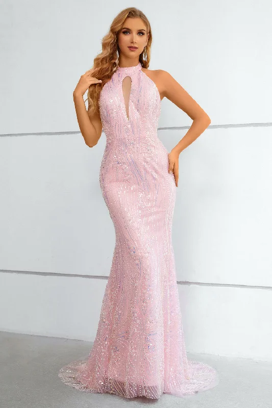 Pink Sequined Halter Neck Keyhole Backless Mermaid Prom Dress Modern Sequin Dress