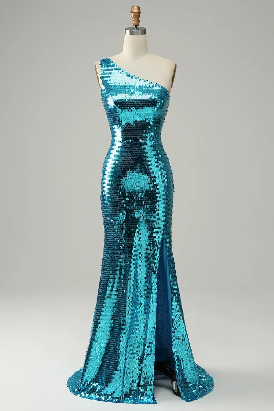 Sparkly Blue Sequins One Shoulder Long Prom Dress with Slit Flirty Sequin Dress