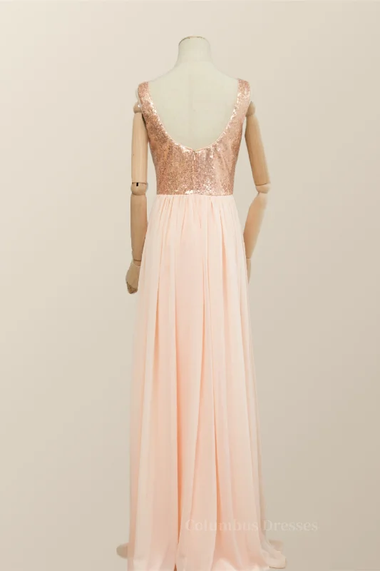 V Neck Rose Gold Sequin and Chiffon Long Bridesmaid Dress Sequin Gown Party