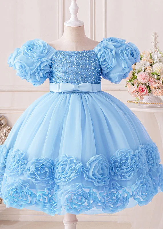 Vogue Blue Sequins Patchwork Tulle Girls Mid Dresses Short Sleeve EW017 Sparkly Mini Sequin