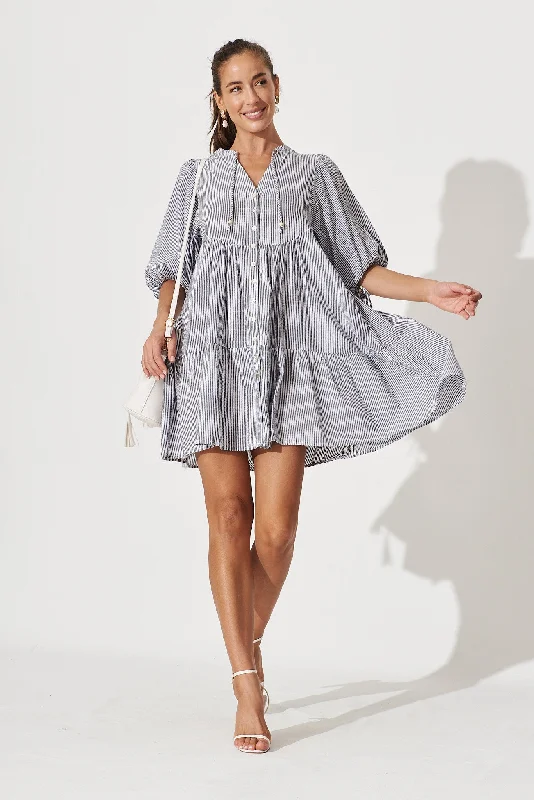 Aine Shirt Dress In Grey Stripe Cotton Floral Shirt Dress