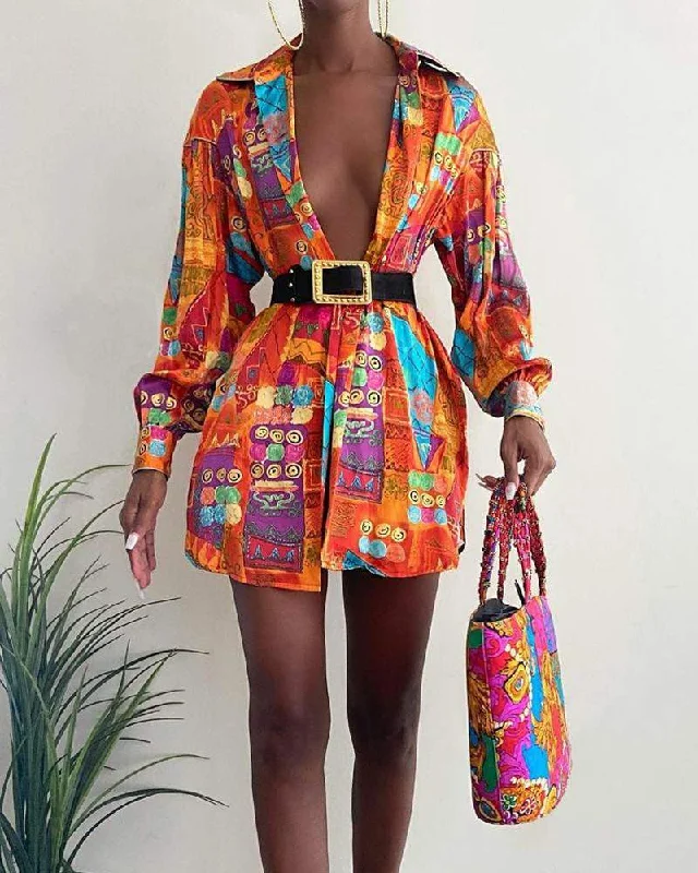 All Over Scarf Print Lantern Sleeve Shirt Dress no belt Linen Shirt Dress