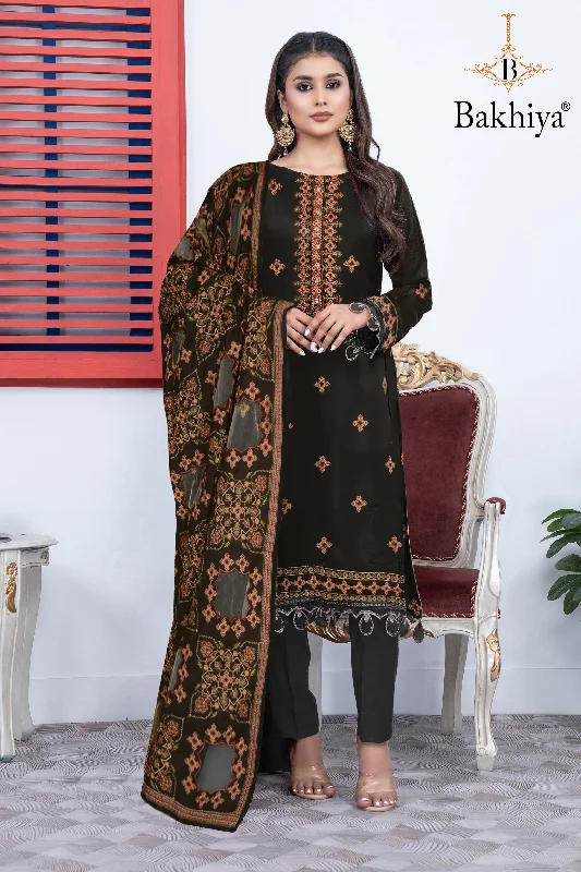 BAKHIYA - 3PC DHANAK EMBROIDERED SHIRT WITH LASER CUTTING SHAWL AND TROUSER - RB11106 Black Shirt Dress