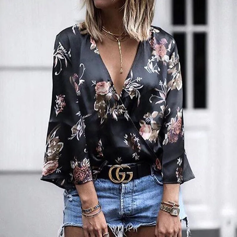 Summer V Neck Casual Shirt Tops Women Clothes Fashion Print Flare Sleeve Womens Tops And Blouses Harajuku Blouse Chic Shirt Dress