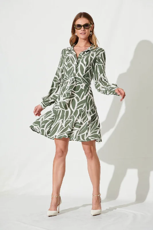 Eilish Shirt Dress In Khaki With White Leaf Print Formal Shirt Gown