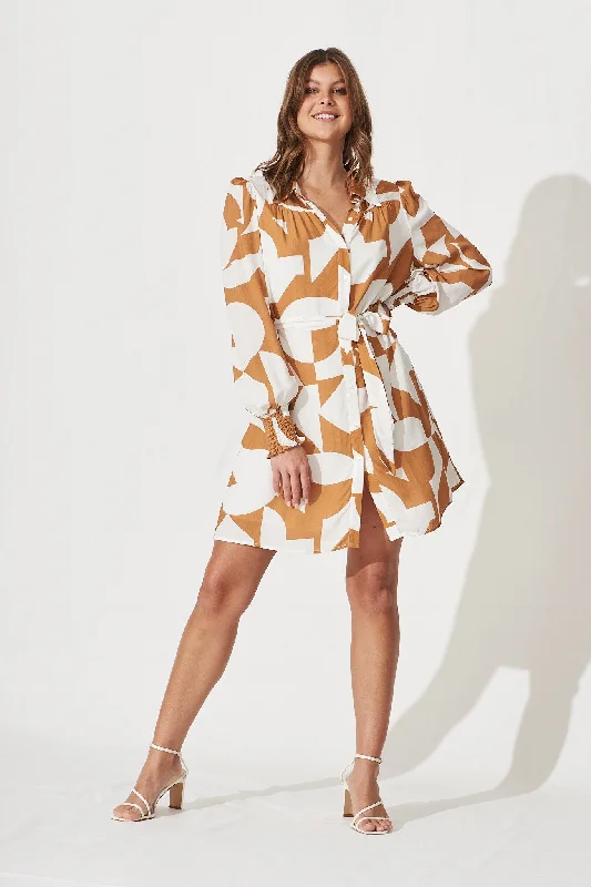 Eris Shirt Dress In Brown With Cream Print Satin Shirt Dress