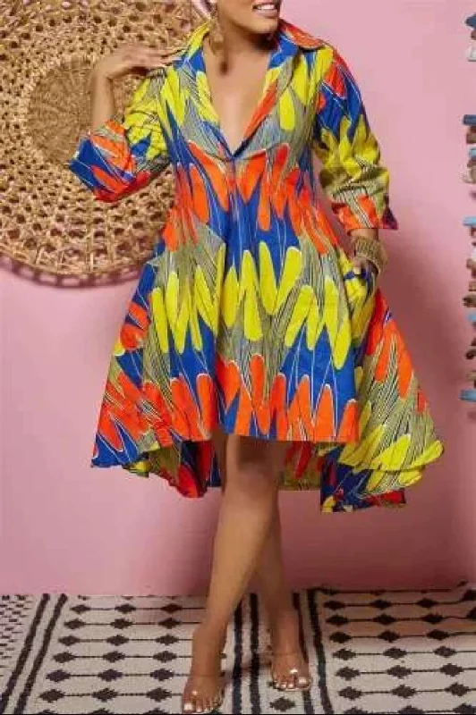 FASHION PRINT PATCHWORK TURNDOWN COLLAR SHIRT DRESS DRESSES Long Shirt Dress