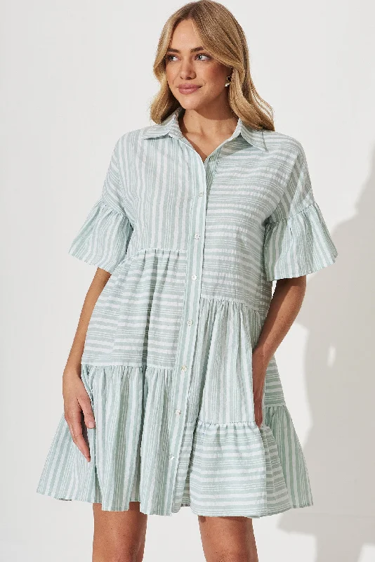 Freya Shirt Dress In Green With White Stripe Cotton Elegant Shirt Dress