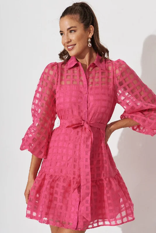 Giulia Shirt Dress In Hot Pink Organza Long Sleeve Shirt Dress