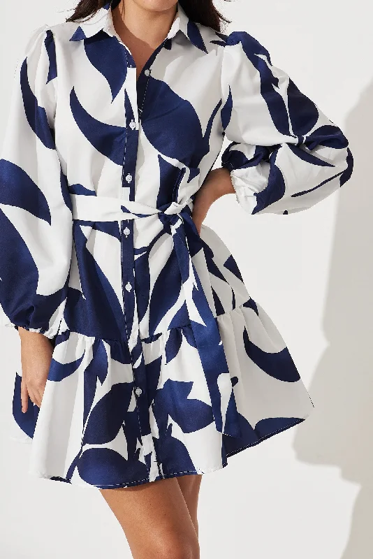 Giulia Shirt Dress In White With Navy Print Comfortable Shirt Dress