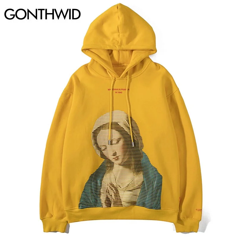 GONTHWID Madonna In Prayer Painting Print Fleece Hoodies Religion Hooded Sweatshirts Men Hip Hop Casual Streetwear Tops Outwear Shirt Dress Casual