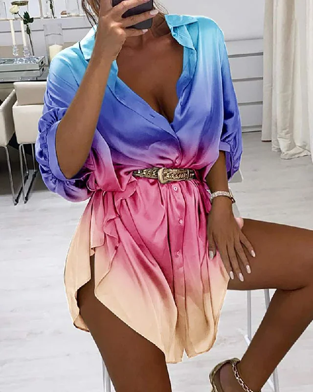 Half Sleeve Colorblock Buttoned Shirt Dress Summer Shirt Dress