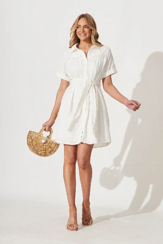 Meryl Shirt Dress In White Linen Blend Fit-and-Flare Shirt Dress