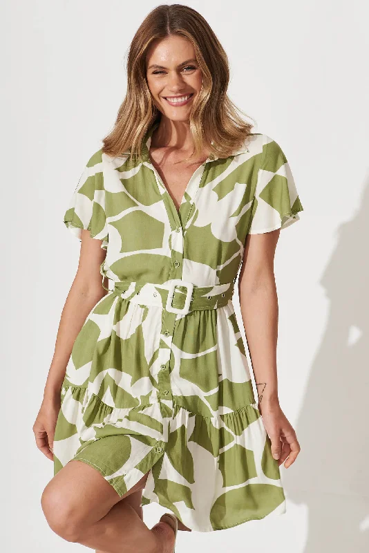 Notting Hill Shirt Dress In Olive And Cream Geometric Print Bohemian Shirt Dress