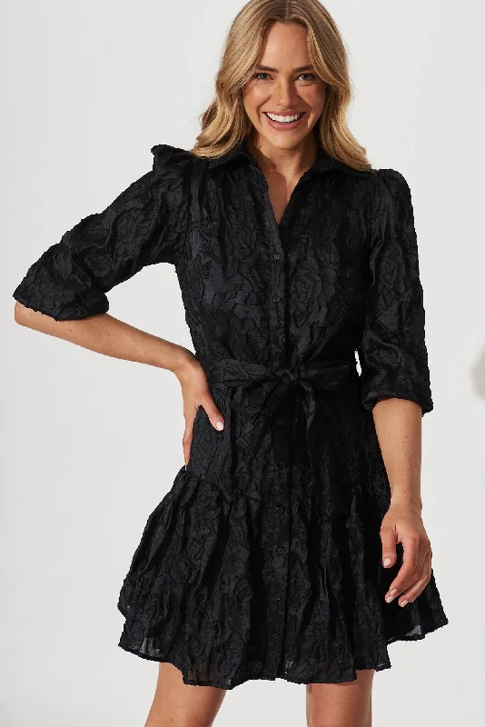 Odeya Shirt Dress In Black Organza Chic Shirt Dress