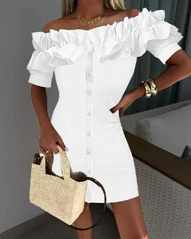 OFF SHOULDER BUTTONED RUFFLES A LINE SHIRT DRESS Lace Shirt Dress