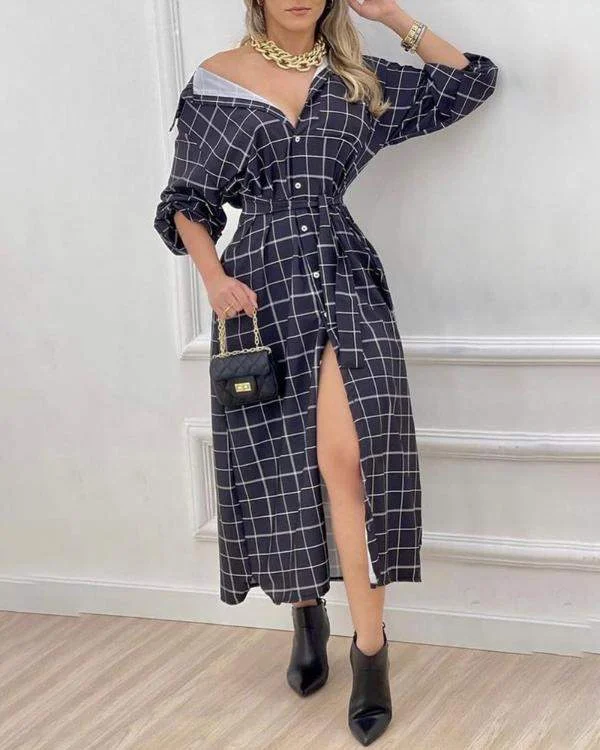 Plaid Print Button Design Shirt Dress Classic Shirt Dress