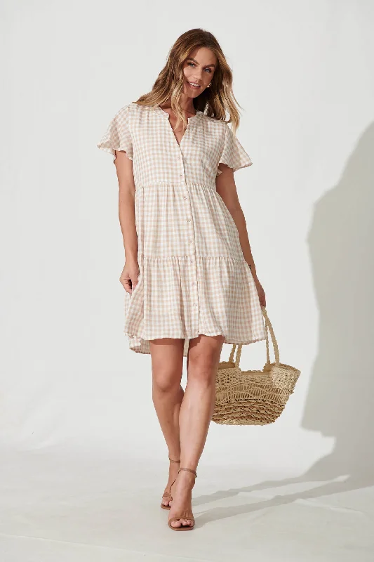 Shelta Shirt Dress In Beige Gingham Check Cotton Blend Mini Shirt Dress